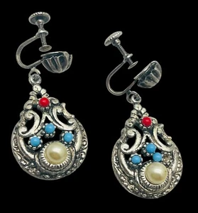 Vintage 70’s Mid Century Faux Turquoise & Pearl Ballotini Ball Dangle Earrings - Picture 1 of 4