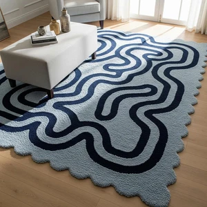 Alfombra acolchada a mano abstracta azul marino claro, alfombras modernas onduladas de lana festoneada - Imagen 1 de 6