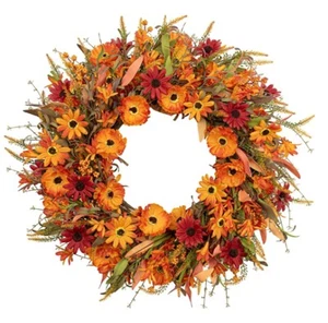Autumn Floral Wreath - Vibrant Orange and Red Decor - Picture 1 of 7