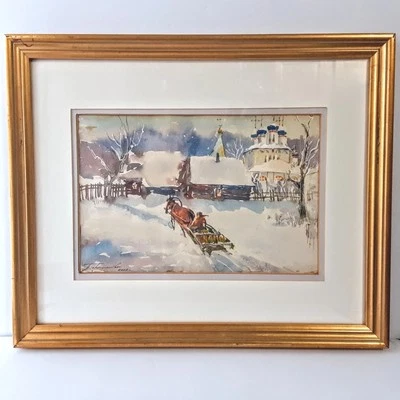Original Acuarela Escena de Invierno Rusa 2002 Enmarcado Firmado 17x14 Trineo en Nieve Foto 1 de 4
