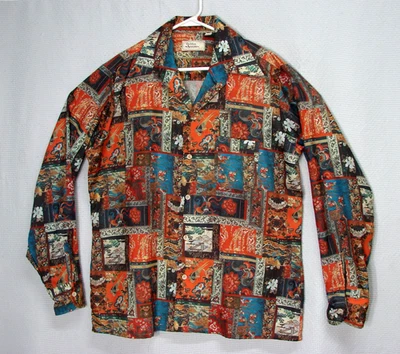 Vtg 70s Golden Arrow Asian Dragon Patchwork Print Button Front Shirt Mens Large - Image 1 of 4