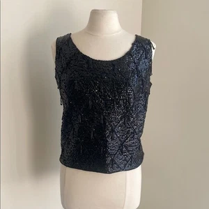 VINTAGE Sequin Tank Womens Sz Large 100% Wool Black Cocktail - Picture 1 of 7