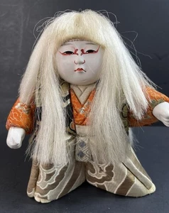 Vintage Japanese Kimekomi  Doll - White Hair - Kabuki Red Lined Eyes 14 Cm. - Picture 1 of 8