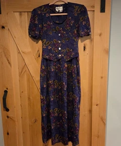 Vintage Betsy Lauren Floral Dress 10 Cottage Vest Prairie Tie Back Modest Purple - Picture 1 of 12