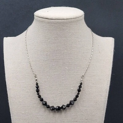Swarovski Necklace Black Rivioli Crystal Bead Silver Plated Signed 16"-18" - Image 1 of 4