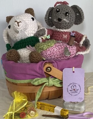 Sewing Basket Crochet Goat Mouse Notions Pincushion Handmade 90 - Image 1 of 4