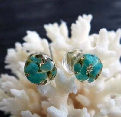 Blue Green Amazonite stone plugs gauges Resin double flared Ear tunnels Pair - Image 1 of 4