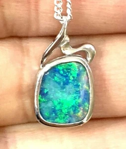 Xmas Handmade Gift Genuine 18ct White Gold Natural Boulder Doublet Opal Pendant - Picture 1 of 4