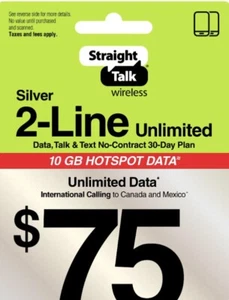 Carte de recharge Straight Talk Rob 75 2 lignes plan de conversation illimité recharge 30 jours MAINTENANT - Photo 1 sur 3