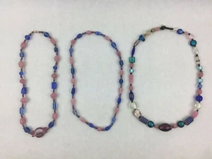 Set of 3 Glass and Resin Blue Pink and Black Bead Handmade Necklace Set - Picture 1 of 8