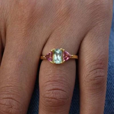 14k Massives Gold Natürlich Grüner Und Rosa Turmalin Edelstein Jubiläumsring - Bild 1 von 4
