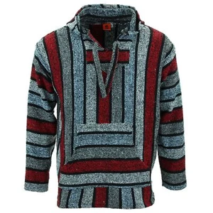 Recycled Mexican Baja Jerga Hoody Drug Rug Pullover Hoodie Red White Blue - Picture 1 of 8