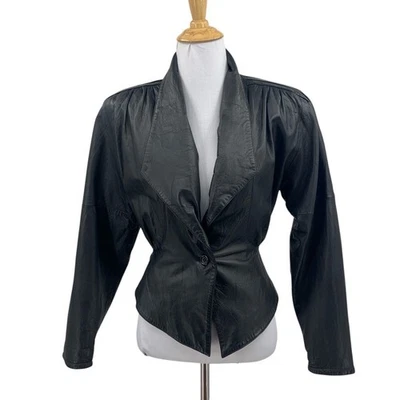 Tannery West Jacket Women XS Extra Small Black Leather Cropped Buckle Wide Lapel - Image 1 of 4
