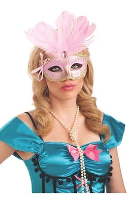 PINK FEATHER CARNIVAL EYE MASK MASQUERADE HALLOWEEN COSTUME ACCESSORY - Image 1 of 2