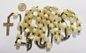 Antiker katholischer Rosenkranz um 1800 großer schwerer echter Mondstein Perlen Kruzifix 51362 - Bild 1 von 8