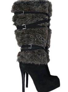 Damen High Heel Kunstfell Stiefel Schwarz Braun Größe 10 Galinah Boots TOP - Bild 1 von 9