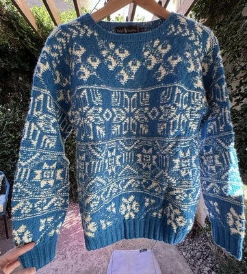 Ralph Lauren Women’s M Hand Knit Pullover Nordic Sweater Snowflake Wool Blue - Image 1 of 4