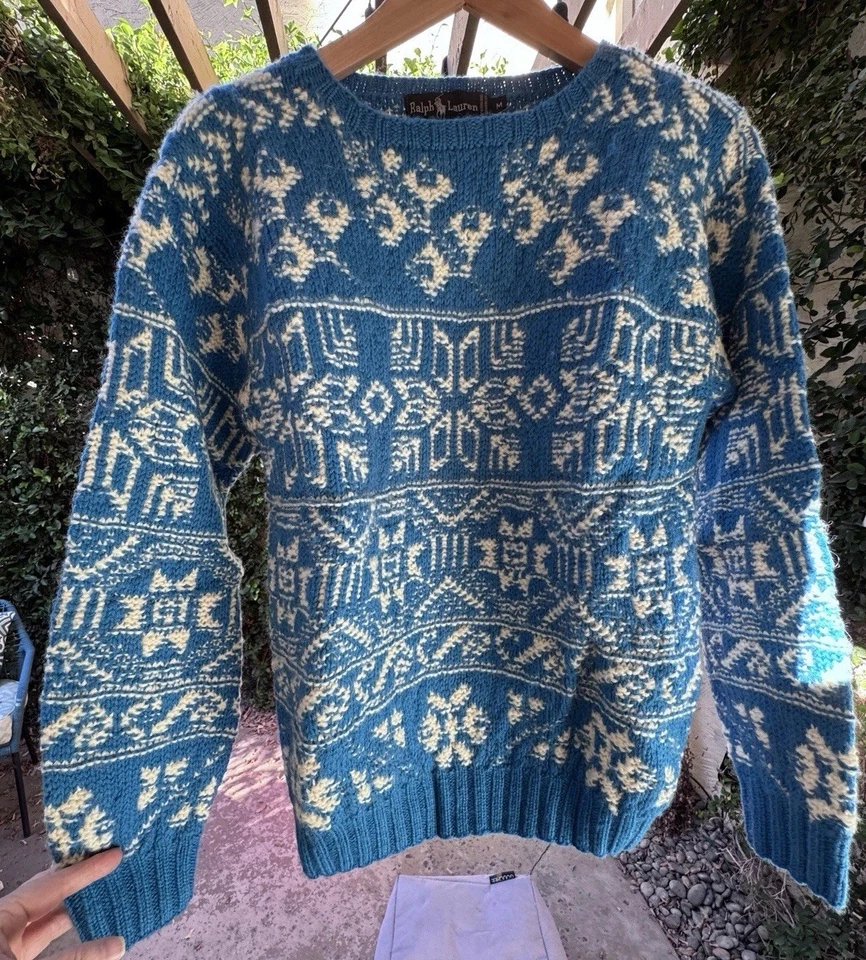 Ralph Lauren Women’s M Hand Knit Pullover Nordic Sweater Snowflake Wool Blue - Image 1 of 4