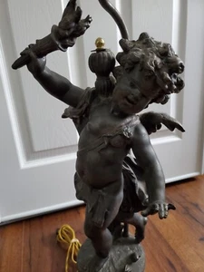Gorgeous Antique Bronze Metal Cherub  Lamp W/Gold Color Finish Heavy - Picture 1 of 24