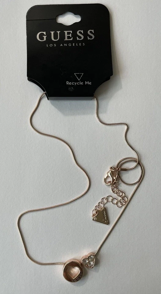 GUESS Gold Metal Intertwined Hearts Engraved Logo Necklace