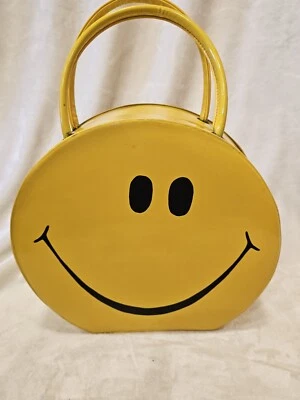 Vtg 70's Large Tolin Yellow Smiley Face Patent Zippered Travel Case Hand Bag Fun - Image 1 of 4