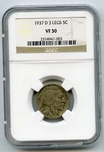 1937 D Three Legged 3 Legs Buffalo Nickel 5C NGC VF 30 - GC195 - Picture 1 of 2