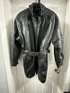 Womens Black Leather Full Zip Parka Jacket Coat - Size L . Nice! - Picture 1 of 12