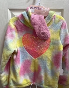 NEW Kensie Girl SZ 10 Tie Dye Soft Furry Heart Sequin Hoodie W/Drawstring~Socks - Picture 1 of 14