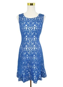 REVIEW Women's Blue Lace Round Neck Knee Length Fit Flare Lined Dress Size 12 - Picture 1 of 10