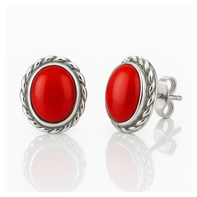 Orecchini a lobo argento 925 rodiato cabochon corallo rosso naturale e tourchon - Immagine 1 di 4