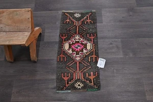 Oushak Turkish Doormat Rug 1x2 BLACK Anatolian Handmade Vintage Small Kilim Rug - Picture 1 of 9