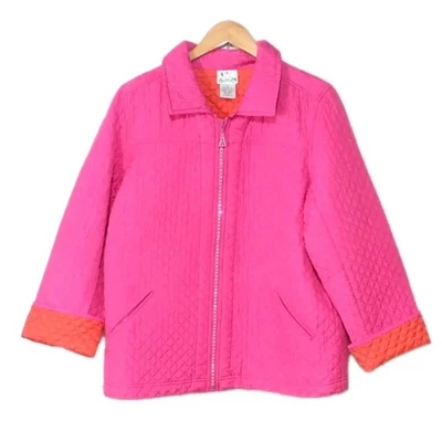 Quaker Factory Quilted Jacket Hot Pink Orange Sorbet Sparkle Zipper Light Sz L - Image 1 of 4