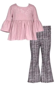 NEW Bonnie Jean Girls Size 8 "PINK & GRAY STAR" Bell Sleeve Top Flared Pant Set - Picture 1 of 3