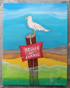 Beware Of Shark Sign Seagull Original Acrylic Painting Canvas Signed Vytas 16x20 - Picture 1 of 2