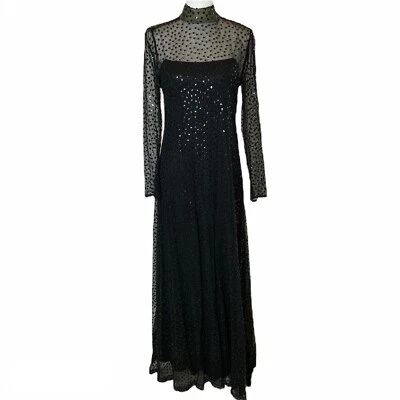 Vintage Women’s Gown Sequin Dress Black Full Length Long Sleeves Sheer High Neck - Image 1 of 4