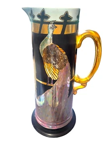 Atemberaubender Jean Pouyat Limoges Frankreich 13" Glanz Krug Art Deco Pfau - Bild 1 von 5