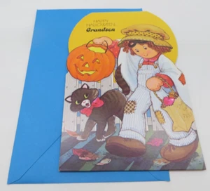 Vintage Halloween Grußkarte 1979 Stand Up Enkel Vogelscheuche Junge Katze AGC - Bild 1 von 11