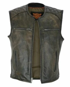 Mens Kidney Padding Antique Retro Brown Riding 2 Gun pocket leather vest New - Picture 1 of 6
