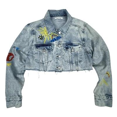 Pacsun Crop Denim Jacket Medium Graffiti Skater Distressed Painted Art Sun Peace - Image 1 of 4