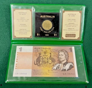 AUSTRALIA LAST ONE DOLLAR NOTE & FIRST ONE DOLLAR COIN in GOLD IMPRINTED WALLET - Picture 1 of 2