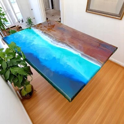 Blue Epoxy River Table Top Handmade Dining Table Luxury Furniture Live Edge Deco - Image 1 of 4