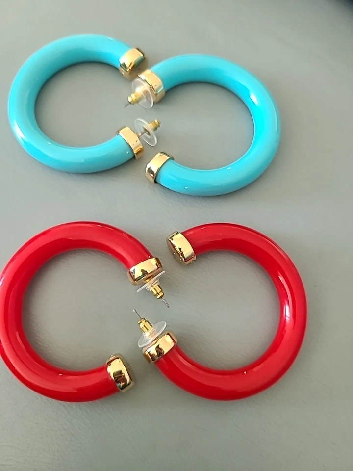 Neiman Marcus Hoop Earrings 2.5" Red And Turquis Gold Ends - Image 1 of 4