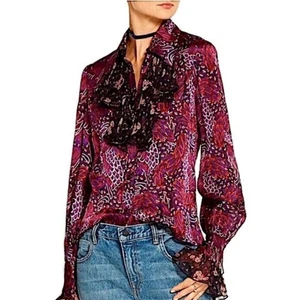 Anna Sui bedruckt Chiffon Rüschen Seide dunkel lila Bluse Gr 12 - Bild 1 von 8