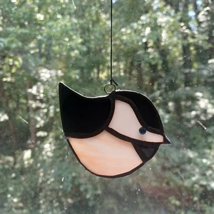 Real Stained Glass Tan Chickadee Suncatcher, Ready to Hang, Handmade Not Plastic - Picture 1 of 4