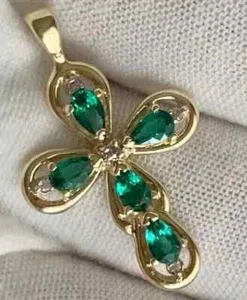 2Ct Pear Lab Created Green Emerald Cross Women Pendant 14k Yellow Gold Plated - Picture 1 of 4