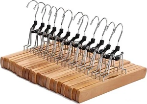 Natural Wood Pants Skirt Hangers 12 Pk Non Slip Smooth Finish 360° Swivel Hook - Picture 1 of 10