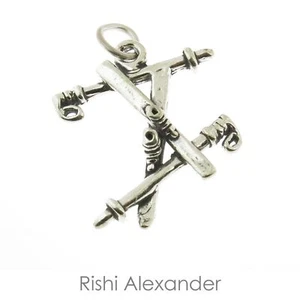 925 Sterling Silver Crossed Skis with Poles Charm American Made - Picture 1 of 2