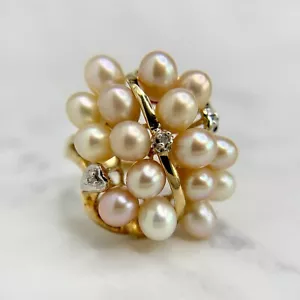 Retro 10K Two-Tone Gold Cultured Pearl Cluster Natural Diamond Cocktail Ring - Picture 1 of 7