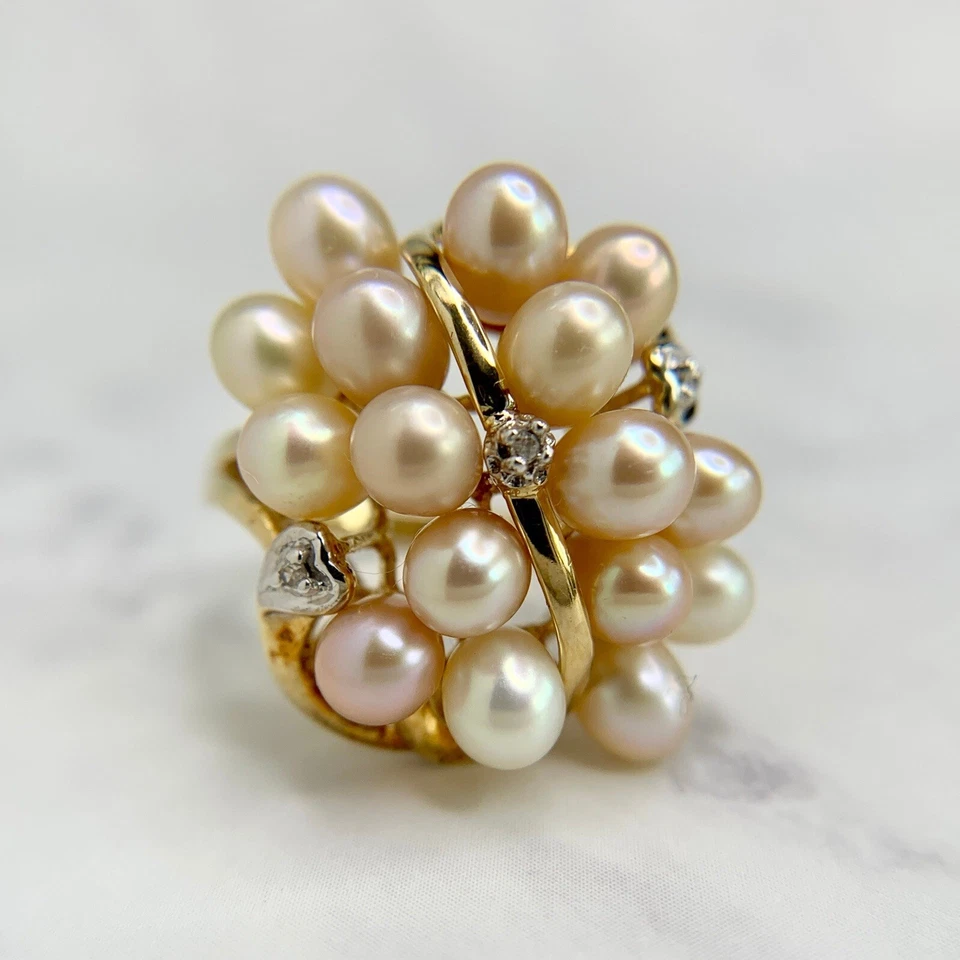 Retro 10K Two-Tone Gold Cultured Pearl Cluster Natural Diamond Cocktail Ring - Image 1 of 4