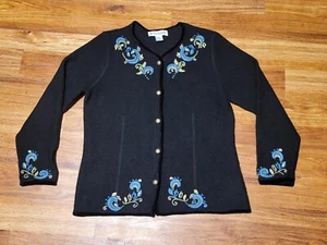 Appleseed Wool Embroidered Button Up Cardigan Black Sweater Size M - Picture 1 of 6